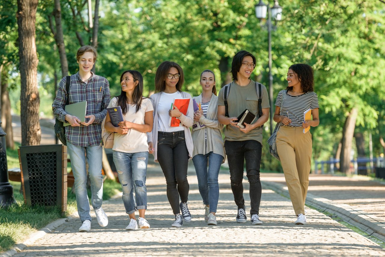 Junge Menschen in gruppe tragen Bücher, lächeln, lernen