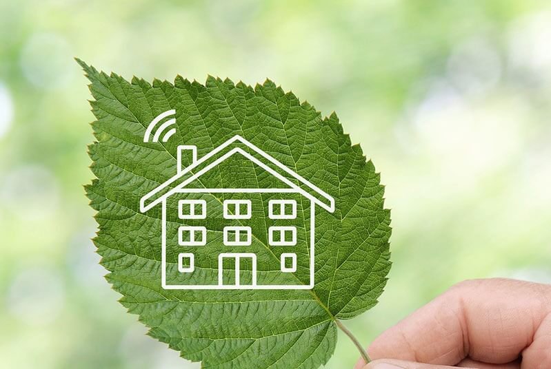  En som forsiktig holder et grønt blad med illustrasjon av et Techem Smart hus.