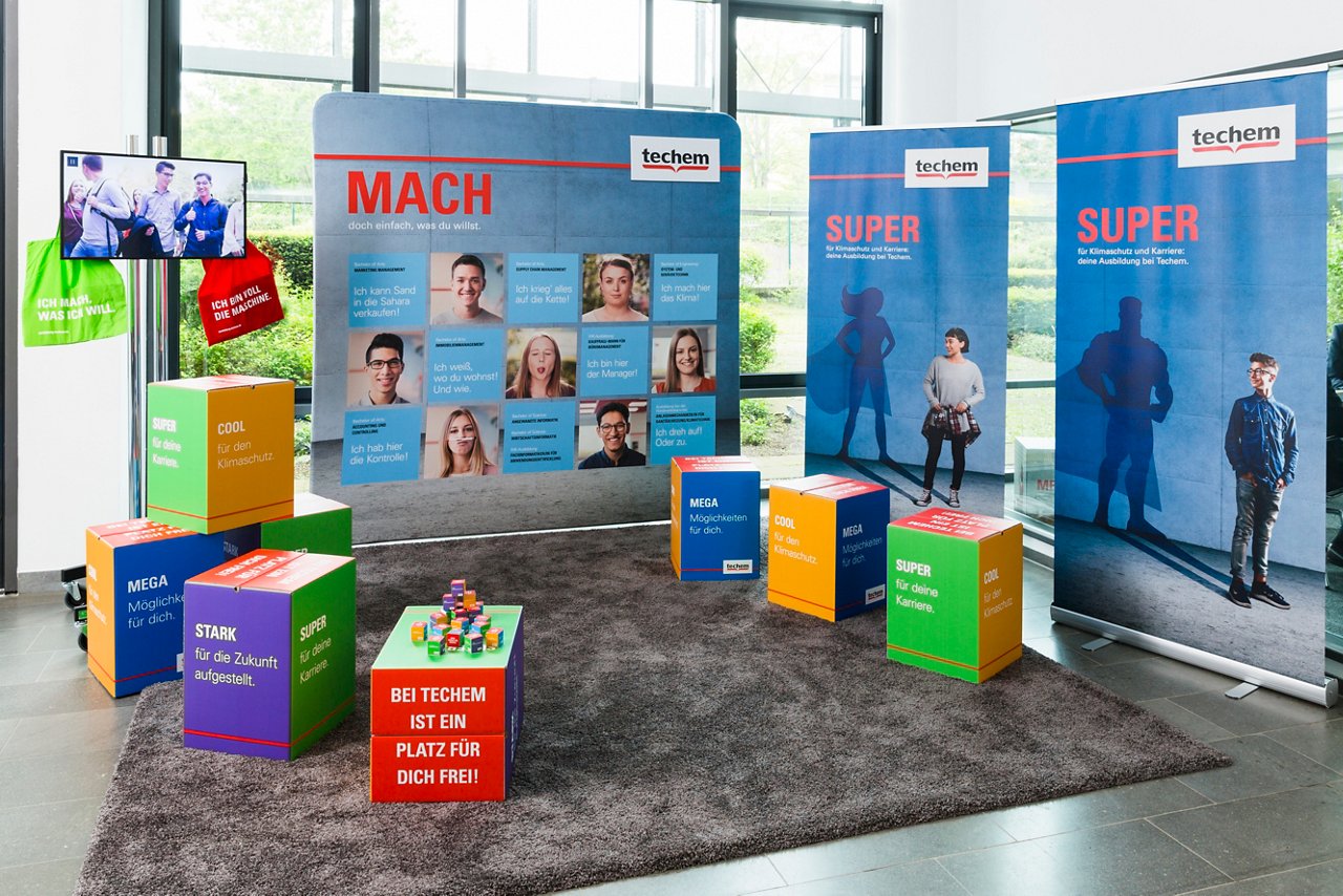 Deutschland. Eschborn. Techem. Messestand und Werbemittel. 20.5.2019. Foto: Bernd Roselieb