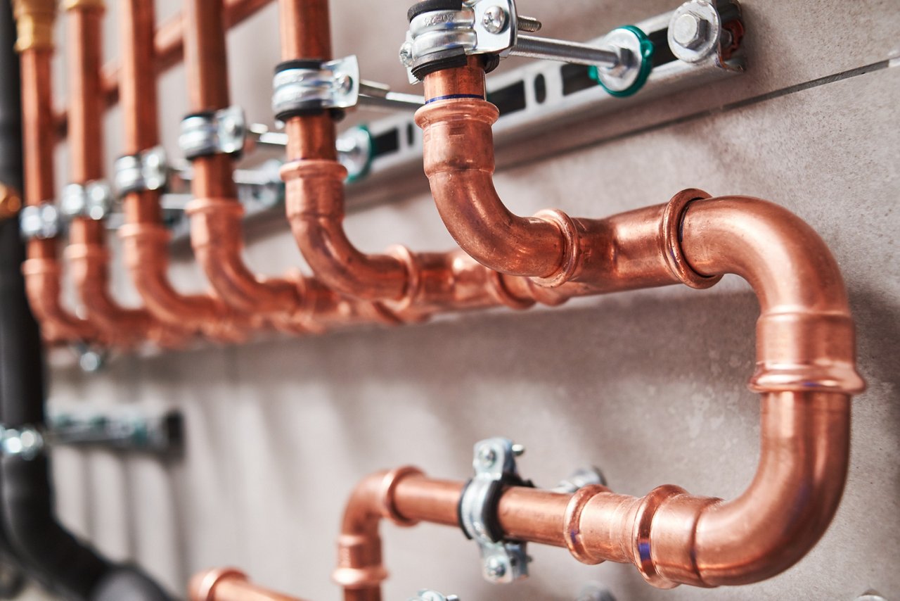 Plumbing service. copper pipeline of a heating system in boiler room