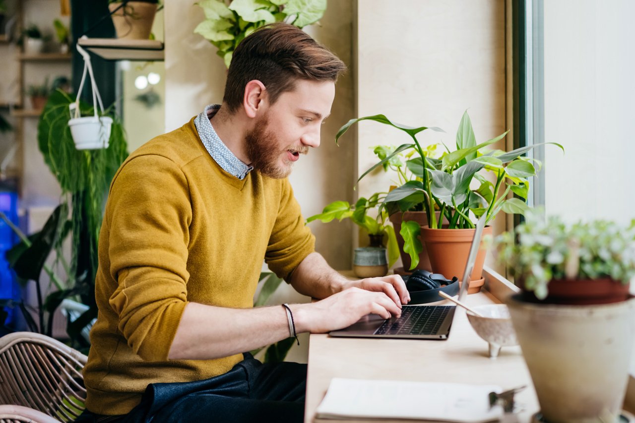 Ein Mann mit mittelbraunem Haar und einem gelben Pullover sitzt an einem Laptop. Um ihm herum stehen einige Zimmerpflanzen.
