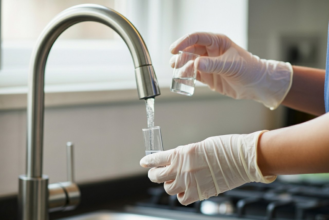 Person nimmt unter einem laufenden Wasserhahn eine Wasserprobe in einem kleinen Glasbehälter zur Analyse